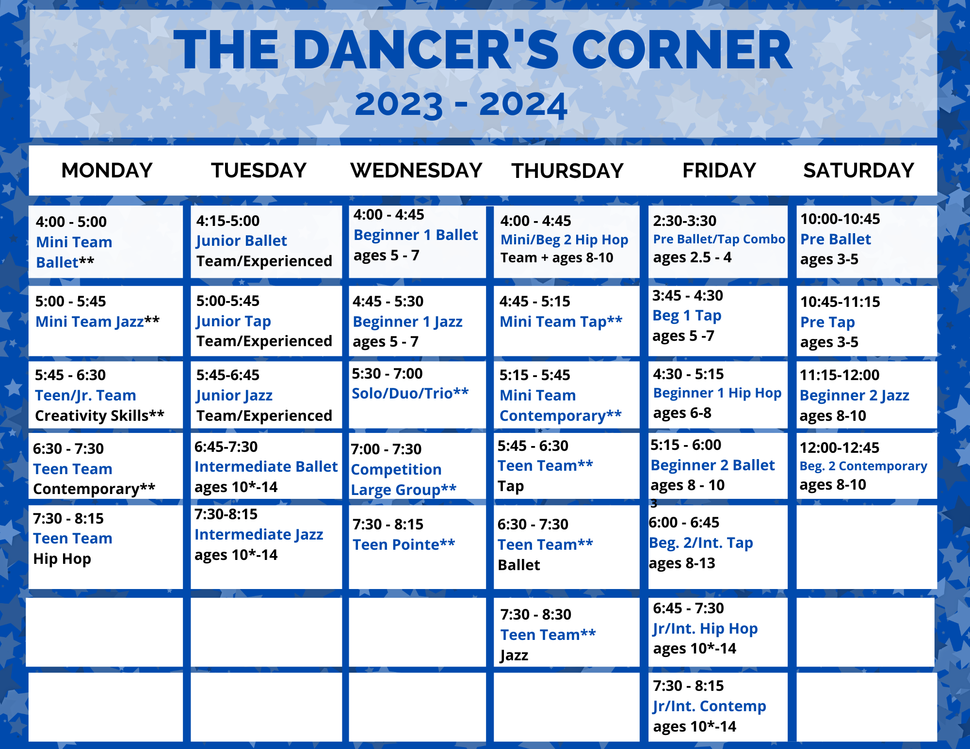 The Dancer's Corner Schedule 2023-2024